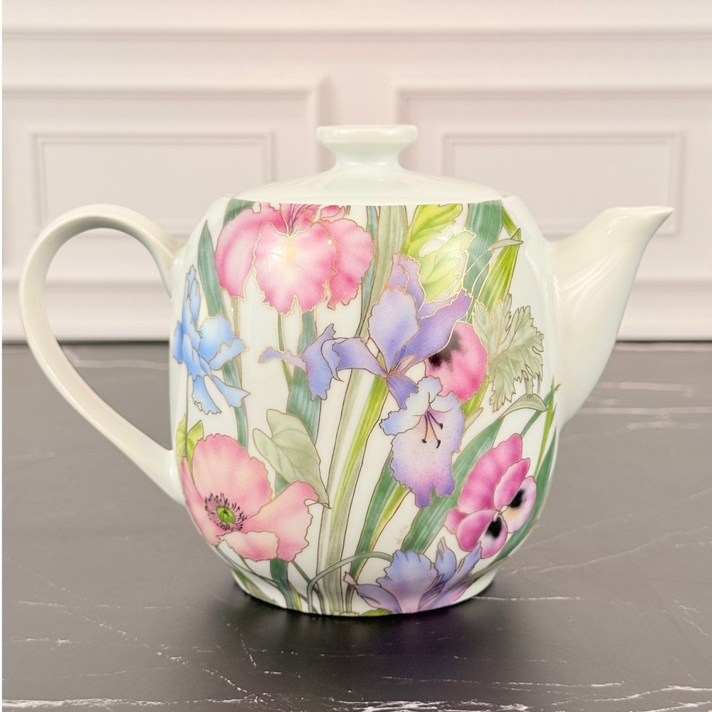 Pillivuyt France Small Floral Gilded 5" Teapot Iris Chrysanthemum with Lid MINT!